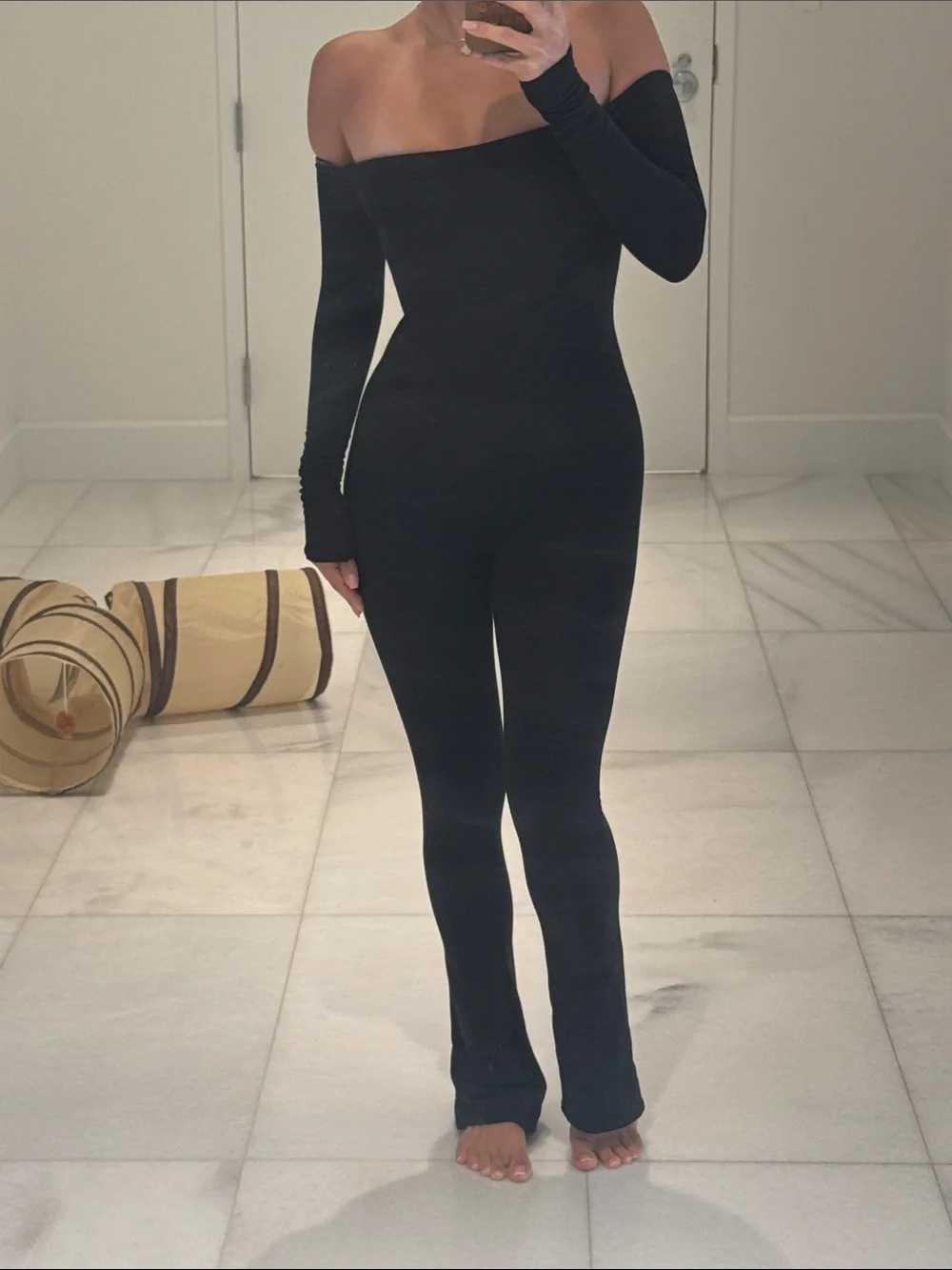 Oh Polly off the shoulder black jumpsuit